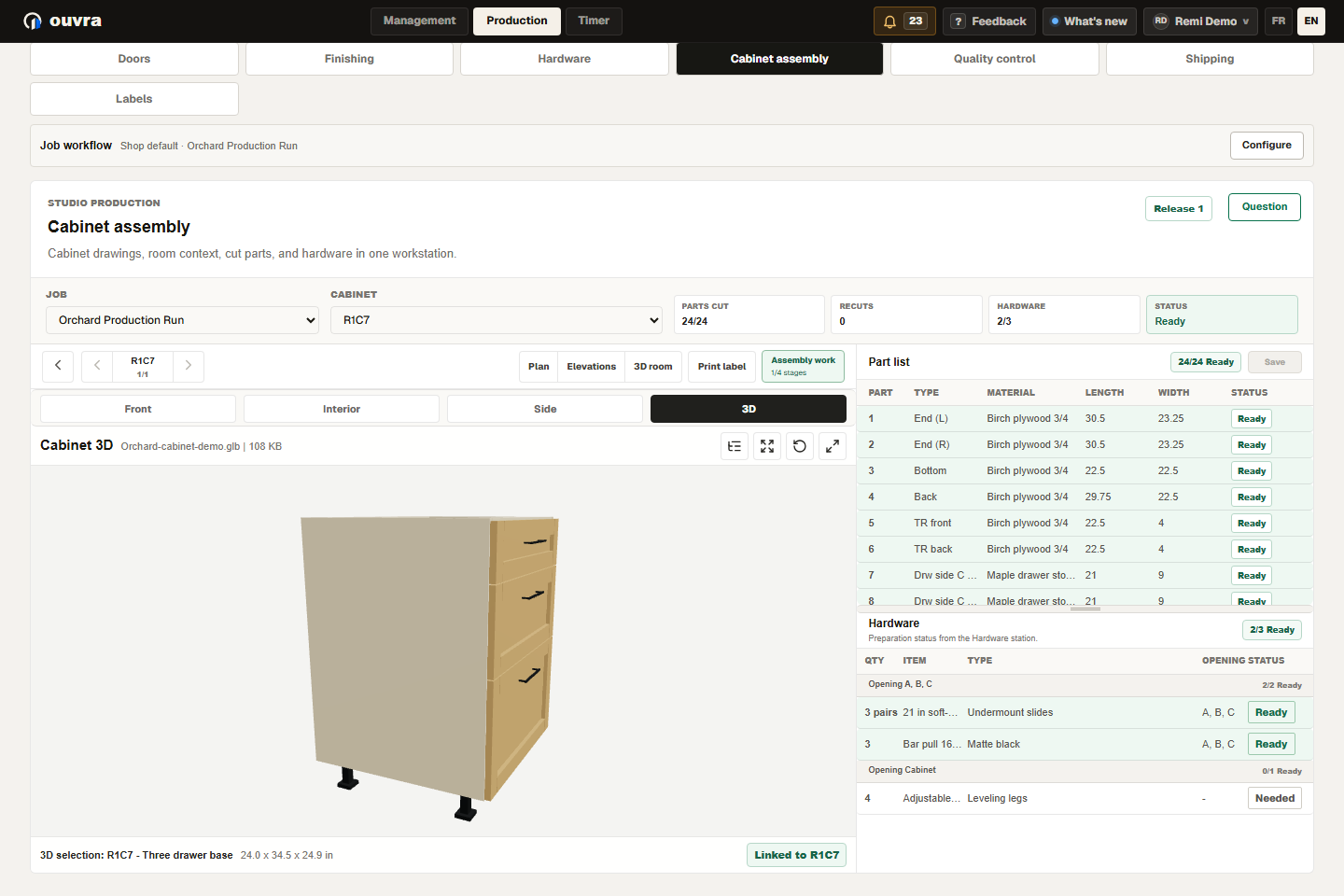 Complete assembly workspace with the Ouvra header, a 3D cabinet, parts list and hardware list